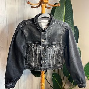 Vermet puff sleeve black denim trucker jacket